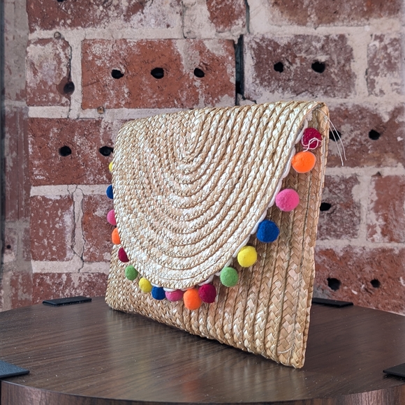 Woven Straw Pom Pom Clutch Bag Boho Summer - Picture 2 of 4